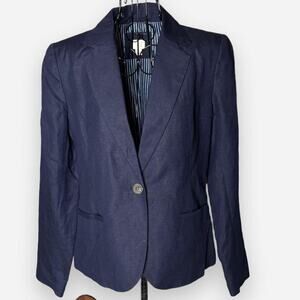 A New Day Navy Linen Blend One-Button Blazer Size 10 Striped Lined Jacket